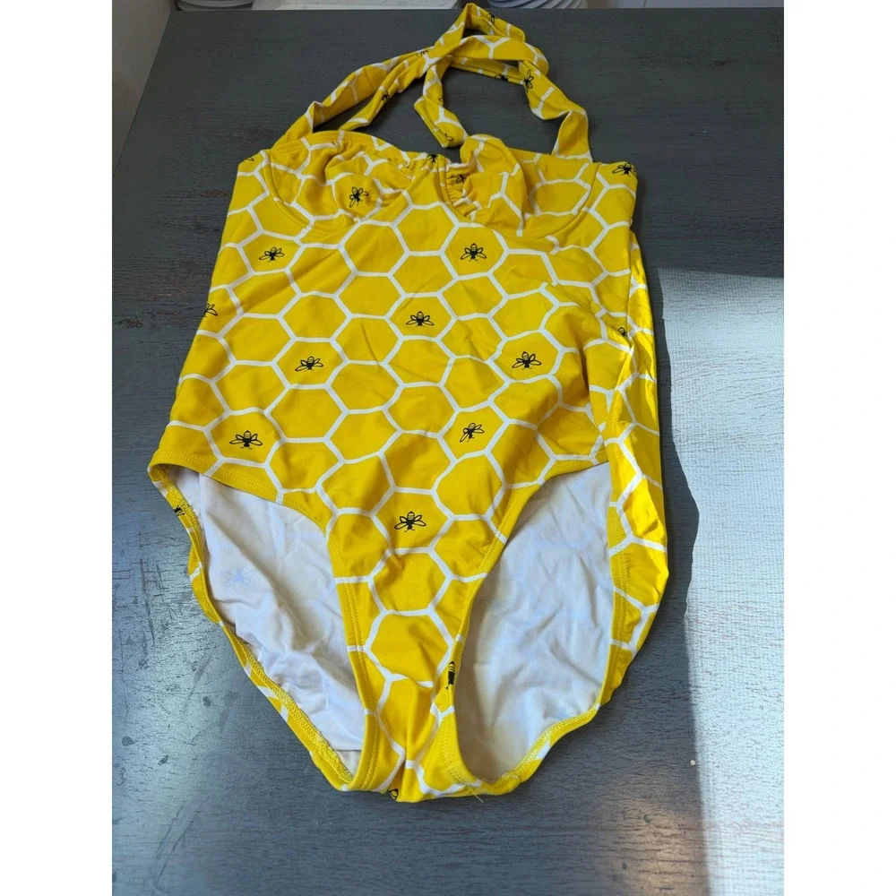 Betty Page Yellow Honeycomb Bee Print One Piece Swimsuit Underwire Yellow 14